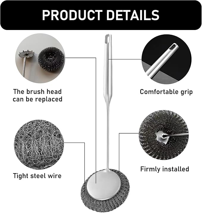 Stainless Steel Wool Metal Wire Scrubber Sponge Scouring Pads Brush Set with Handle for Cleaning Dishes,Pots and Pans,Kitchen Cast Iron,Stoves, Sink,Cooking Tools,Silver（9pcs）