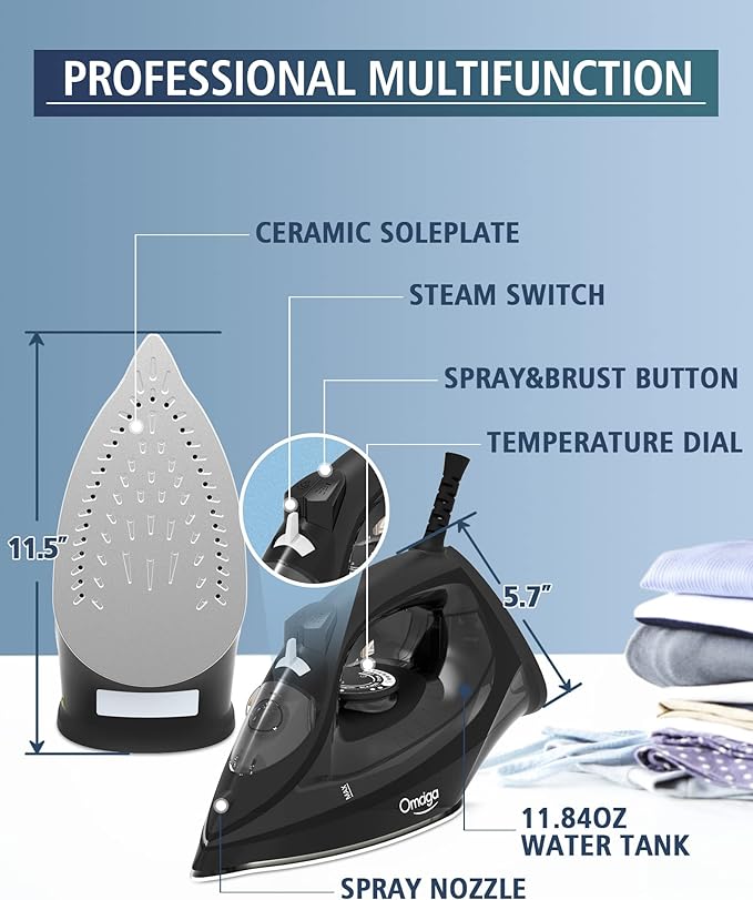Steam Iron for Clothes, 1500W Iron with Rapid Heating, Non-Stick Ceramic Soleplate, Burst of Steam, Self-Cleaning, Auto-Off, Anti-Drip, 11.84oz Water Tank Ironing Clothes for Home, Black