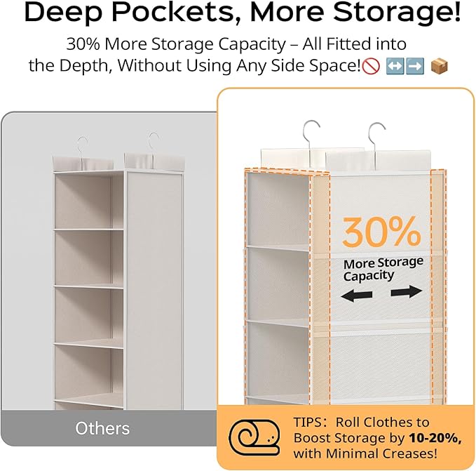 Extra Deep Hanging Closet Organizer with Shelves and Oversized Mesh Pockets, Heavy-Duty Structure, No Deformation, Max Storage for Clothes, Shoes, Hats, Dorms and RVs,1-Pack (White, 5 Tier)