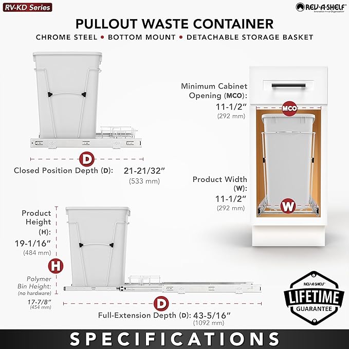 Rev-A-Shelf RV-12KD-18C S 35-Quart Chrome Wire Bottom Mount Pullout Kitchen Waste Trash Can Container Bin with Rear Storage, Black