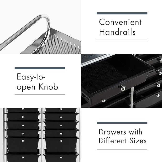 GOFLAME 12-Drawer Rolling Storage Cart, Multipurpose Organizer Cart with 2 Sizes Plastic Drawers, Mobile Utility Cart with Lockable Casters for School, Home Office, Beauty Salon, Black