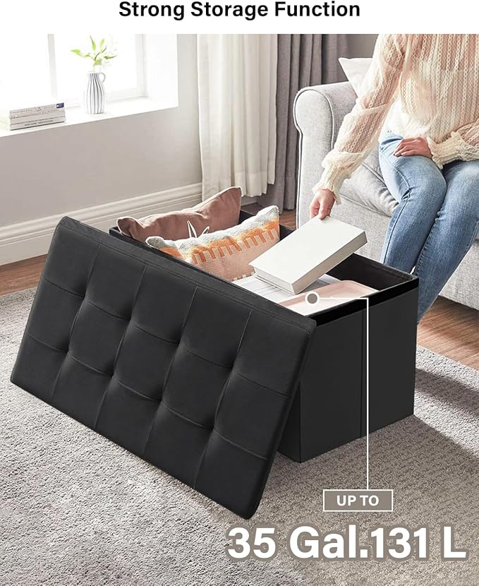 Folding Storage Ottoman, Velvet Storage Bench, Footrest, Removable Divider, for Living Room, Bedroom, 15 x 43 x 15 Inches, 660 lb Load Capacity, Ink Black UASND02B