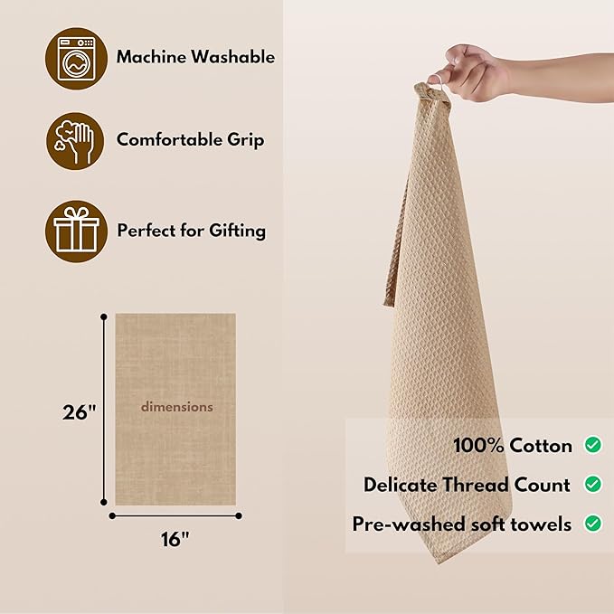 Native Fab Cotton Kitchen Towel with Hanging Loop 16x26 inches, 4-Pack, Waffle Weave Kitchen Towels for Cleaning Drying, Washcloths Soft & Absorbent Cloth Rags, Bar Towel, Dish Cloth, Beige