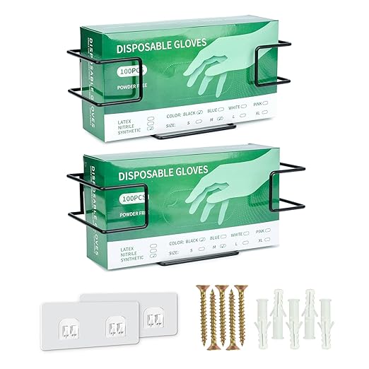 Glove Box Holder 2 Pack, Disposable Glove Dispenser Wall Mount, Metal Glove Rack Organizer for Rubber Latex Gloves Facial Tissue, Black