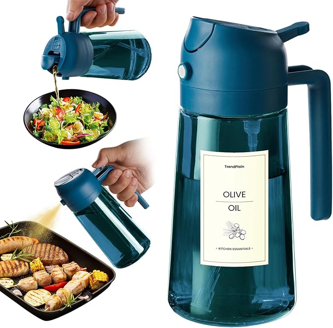 TrendPlain 16oz/470ml Blue Glass Olive Oil Sprayer for Cooking - 2 in 1 Olive Oil Dispenser for Kitchen Gadgets, Air Fryer, Salad, and BBQ - Navy