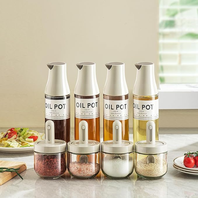 2 Pack Oil Dispenser for Kitchen, Auto Flip Non-Drip Design, Leak Proof, Oil Vinegar Dispenser Set, Glass Oil Bottle with 500ml Capacity, Warm Grey (2)