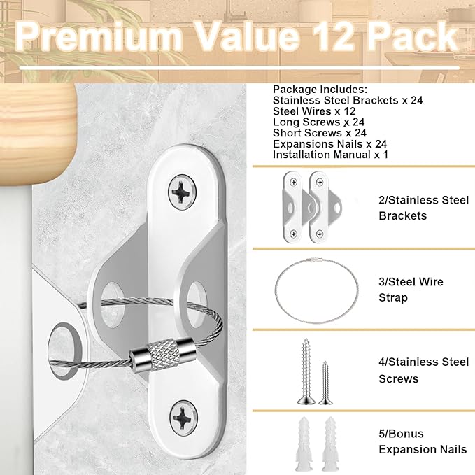Furniture Anchors (12 Pack) for Baby Proofing & Pet Protecting, Furniture Straps Anti Tip Furniture Wall Anchor Securing 400 lbs/Keep Baby Pet Safety from Falling Furniture, Earthquake Straps