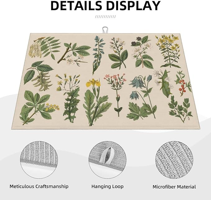 Vintage Color Plants Herbs Floral Microfiber Dish Drying Mat For Kitchen Countertop Xl Absorbent Reversible Drainer Rack Pad Extra Large 18 X 24 Inch