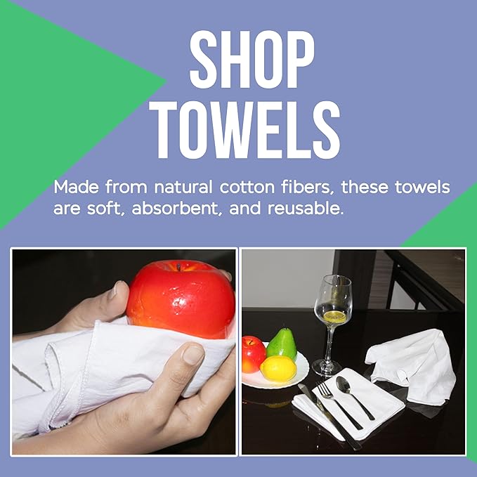 Shop Towels| Multipurpose Commercial and Residential Shop Cleaning| Car Wash, Polish, Housewares, Coffee Machine, Restaurant, Bathrooms, Electronics, Auto Garage | 50 Pack 14"x12" White