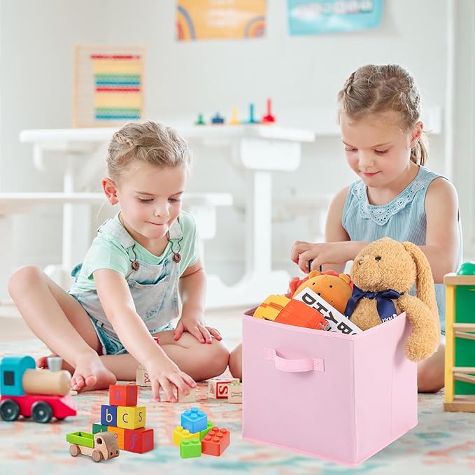 Stero 13x13x13 Inch Fabric Storage Bins 6 Pack Fun Colored Durable Storage Cubes with Handles Foldable Cube Baskets for Home, Kids Room, Closet and Toys Organization Pink
