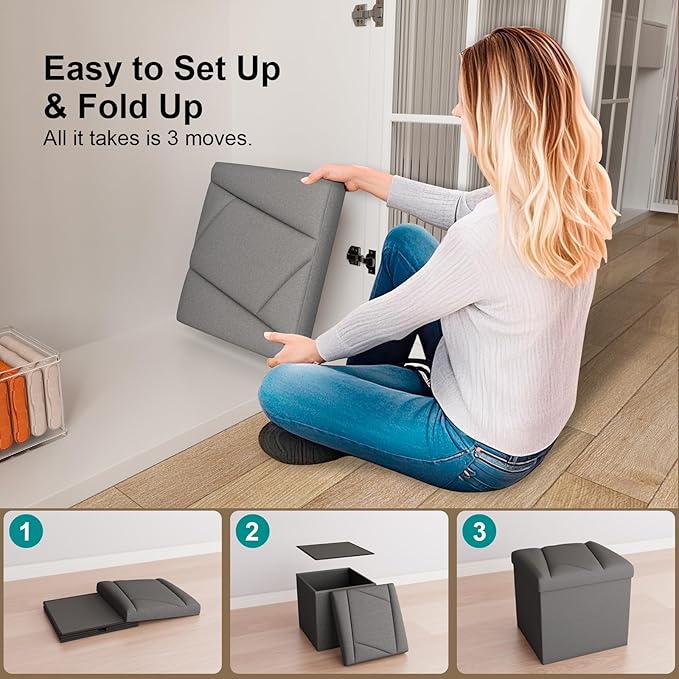 Folding Storage Ottoman Bench, 15 Inches End of Bed Bench, Folding Ottoman Storage for Bedroom, Entryway and Living Room, 15"x15"x15",Dark Gray