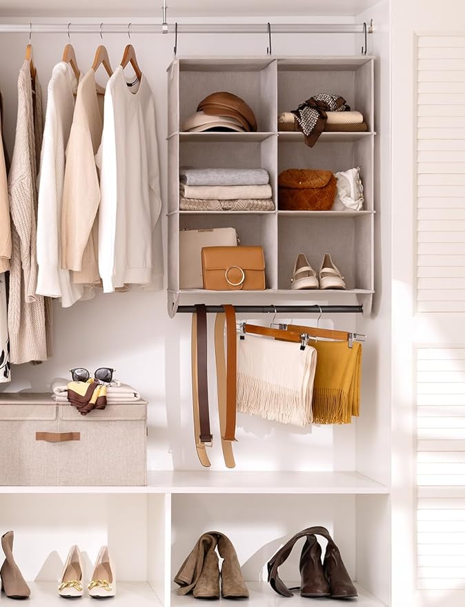 StorageWorks Hanging Closet Organizer with Metal Rod, 6-Section Closet Organizers and Storage, Collapsible Hanging Shelves for Wardrobe Organizer, Nursery, Bedroom, Light Khaki