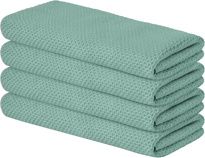 Artoid Mode 100% Cotton Light Green Waffle Weave Kitchen Dish Cloths, 13x28 Inch Ultra Soft Absorbent Quick Drying Kitchen Dish Towels Set of 4