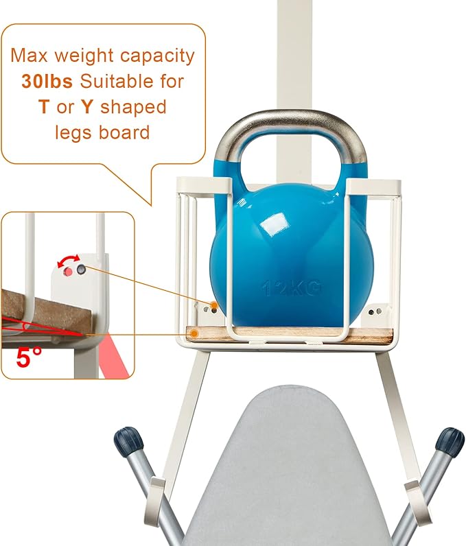 TJ.MOREE Over The Door/Wall Mount Ironing Board Hanger, Laundry Room Iron and Ironing Board Storage Holder, White