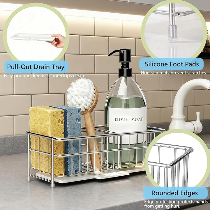 Kavciva Sink Caddy Sponge Holder,304 Stainless Steel Dish Brush Holder,Kitchen Countertop Sink Rack,Dish Soap Holder,Dishwashing Tool Drying Tray with Adjustable Partitions,Essential Kitchen Shelves