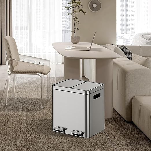 2 x 4 Gal (2 x 15L) Trash Can, Stainless Steel Triple Compartment Step-On Recycling Bin with Soft-Close Lids & Removable Plastic Inner Buckets for Kitchen, Home, Office