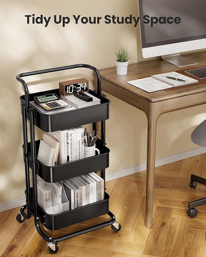 Pipishell 3 Tier Mesh Utility Cart, Rolling Metal Organization Cart with Handle and Lockable Wheels, Multifunctional Storage Shelves for Kitchen Living Room Office Black