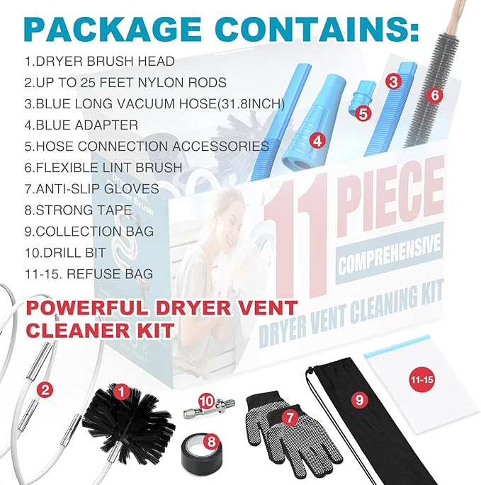 Sealegend 15-Piece 25-Feet Dryer Vent Cleaner Kit, Dryer Cleaning Tools, Omnidirectional Dryer Lint Vacuum Attachment, Dryer Vent Brush, Universal Vacuum & Dryer Adapters (Blue)