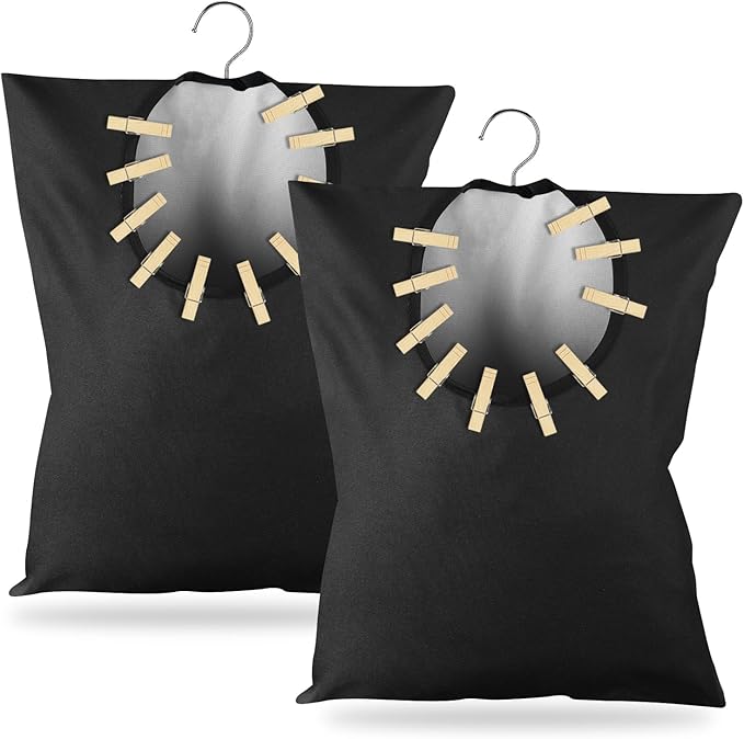 2 Pcs Clothes Pin Hanging Bag With Hook - 15 x 11 Inch Black Laundry Canvas Holder - Waterproof Storage Organizer for Clothespins