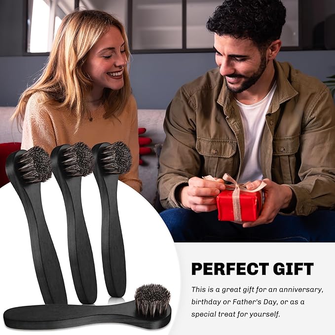 4 Pcs Horsehair Shine Shoes Brush Kit Polish Dauber Applicators Cleaning Leather Shoes Boots Care Brushes Suede Cleaner Brush with Microfiber Shoe Cloth(Black Handle A)
