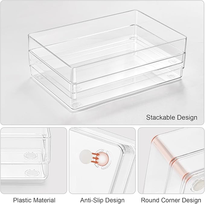 SMARTAKE 6 PCS Clear Plastic Drawer Organizers Set, Large Size Non-Slip Desk Drawer Organizer, Versatile Bathroom and Vanity Drawer Organizer Trays for Makeup, Bedroom, Office, Kitchen Utensils