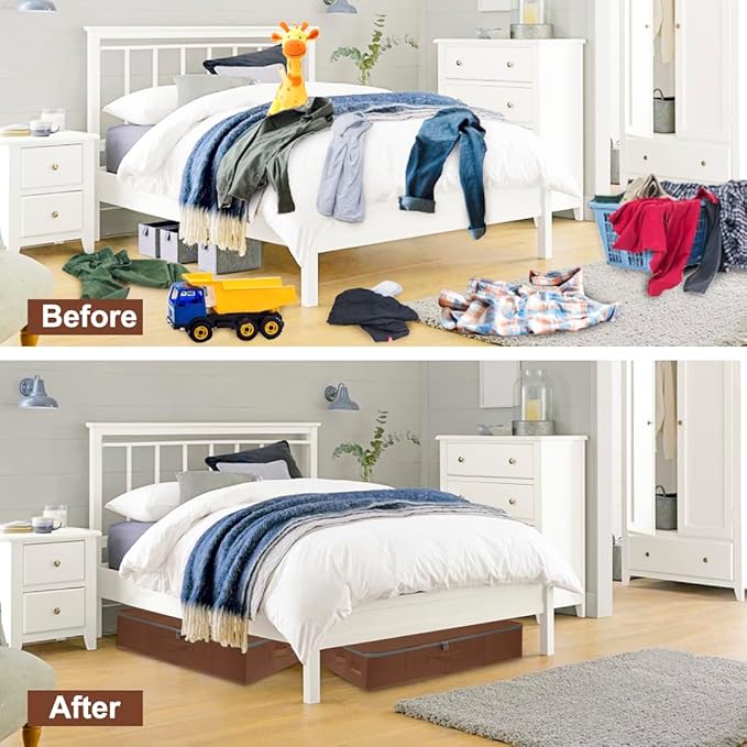punemi Underbed Storage Box, Under Bed Clothes Storage With Sturdy Structure and Ultra Thick Fabric & zipper Lid, Use as Clothes Organizer, Pillow and Blanket Organizer, Brown, Large, 2 pack