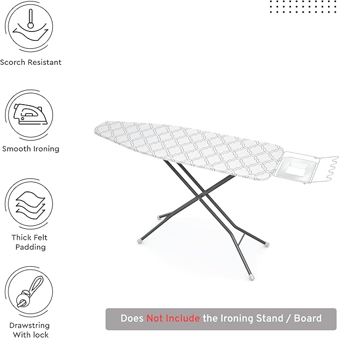 Encasa XO Ironing Board Cover and Pad 49"x18" - Thick 3mm Felt Padding, Drawstring Tightening & Lock, Easy Fit, Scorch & Stain Resistant, Fits Wide Ironing Board - White Tiles