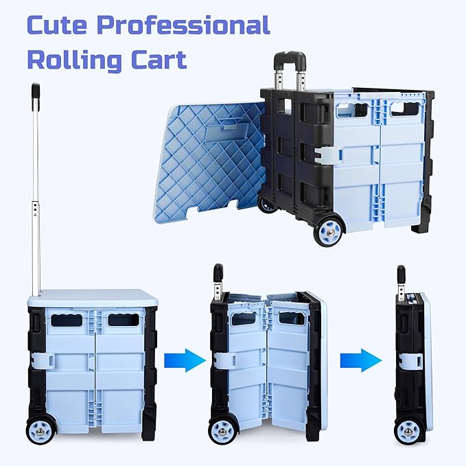 Collapsible Rolling Crate on Noiseless Wheels: Portable Utility Cart for Shopping Teacher Laundry (Blue)
