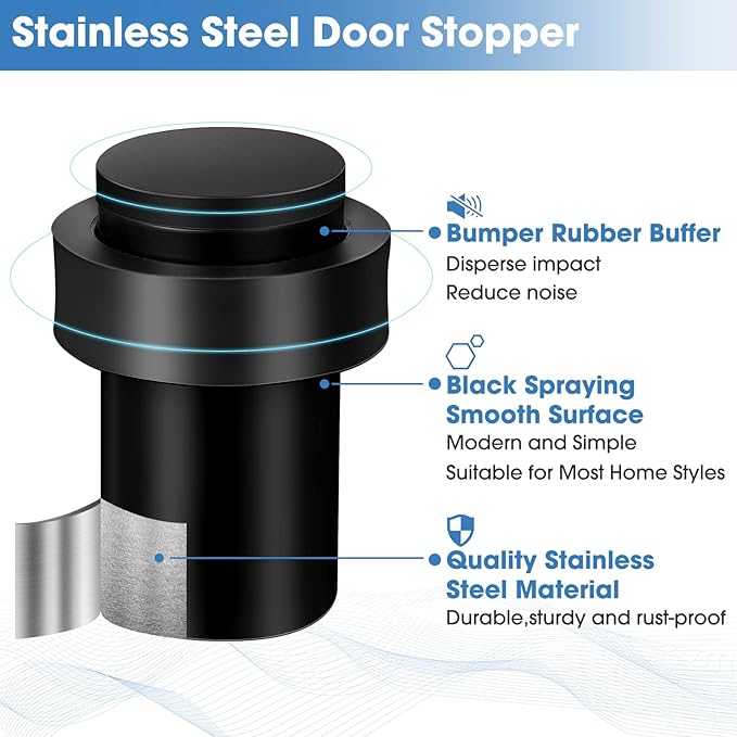 Chumia 30 Pcs Door Stopper Mounted Floor Stops Stainless Steel Cylindrical Stopper Modern Decorative Rubber Bumper Stops Holder Wall Protector for Bottom or Top of Door (Black)