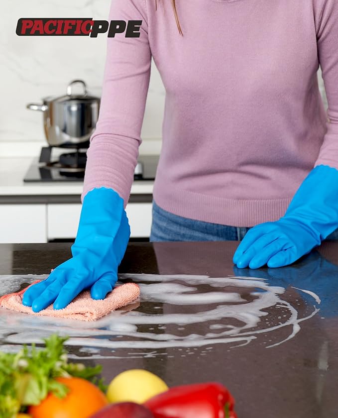 PACIFIC PPE 4 Pairs Reusable Dishwashing Cleaning Gloves, Household, Kitchen, Cotton Liner, Blue, Small