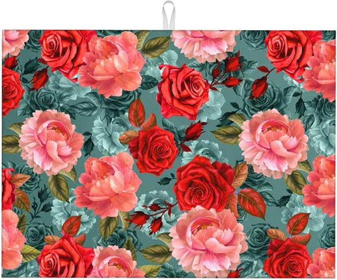 Floral Boho flowers Dish Drying Mat For Kitchen Counter 18 X 24 Inch Absorbent Dish Mat Reversible Drainer Drying Kitchen Mat