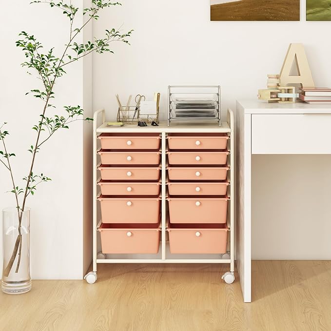 GOFLAME 12-Drawer Rolling Storage Cart, Multipurpose Organizer Cart with 2 Sizes Plastic Drawers, Mobile Utility Cart with Lockable Casters for School, Home Office, Beauty Salon, Peach Fuzz