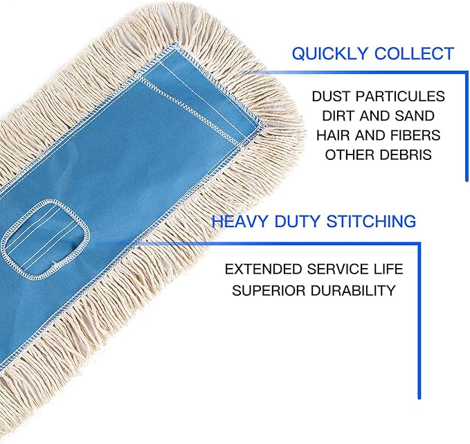 MATTHEW CLEANING 24'' Industrial Strength Cotton Dust Mop Refill Washable Replacement Heads For Residential & Commercial Use Fit Standard Dust Mop Frames, Hardwood,Concrete Floors Blue&White Pack of 6