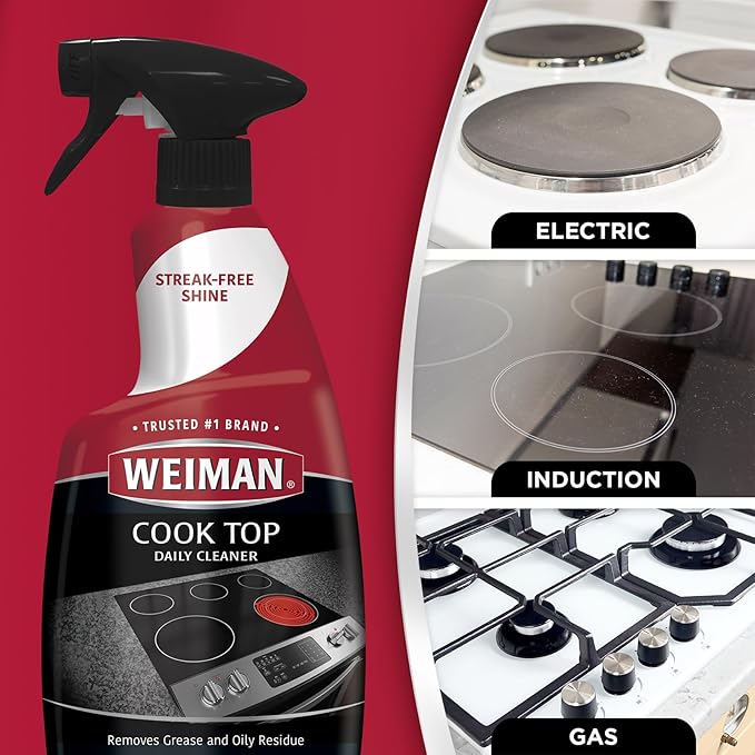 Weiman Glass Cooktop Cleaner & Polish For Daily Use on Ceramic, Induction Stove Top, Removes Grease & Oily Residue, Streak Free Shine, 12 oz, 2 Pack, Micro Fiber Buffing Towel