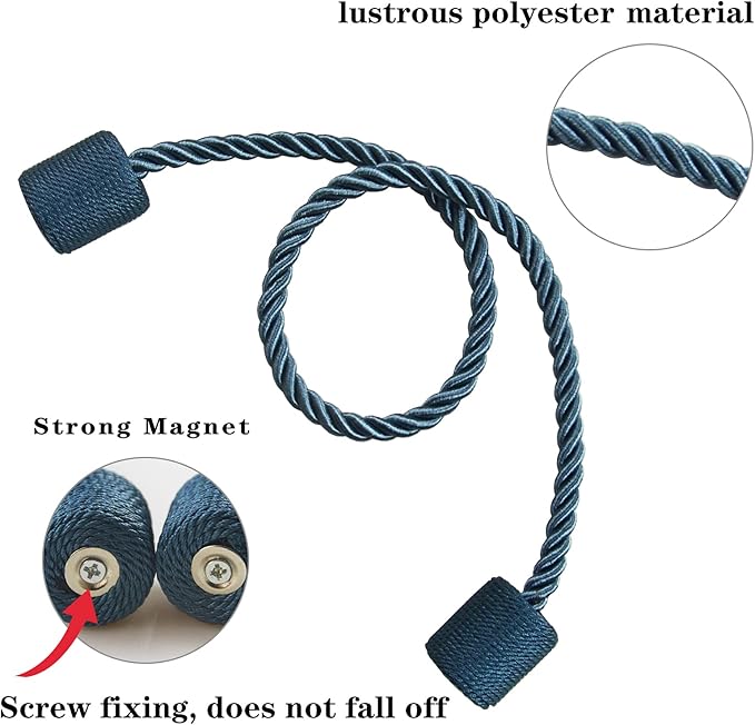 4 Pack Blue Strong Magnetic Curtain Tiebacks Outdoor Elegant Decorative Tie Backs Modern Rope Tiebacks for Drapes Window Curtain Holdbacks for Draperies