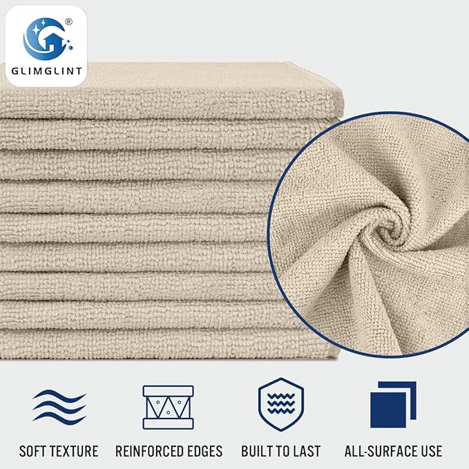 GLIMGLINT Brown Microfiber Cleaning Cloth, 12 Pack Cleaning Towels for Kitchen, Lint Free, Scratch-Free, Highly Absorbent, and Reusable Cleaning Rags for House, Window and Glass, Cars, 14"X12"