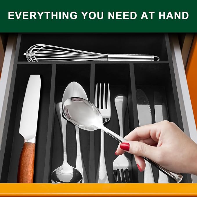 Ayiaren Small Kitchen Silverware Organizer Wooden Utensil Drawer Organizers Narrow Flatware Tray Wood Flatware Organizer for Drawer Spoon Organizer Black Utensil Holder Drawers Bamboo Silverware Tray