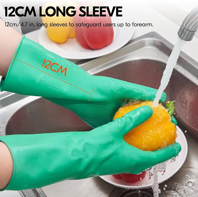 Vgo... 1-Pair Reusable Household Gloves, Rubber Dishwashing gloves, Extra Thickness, Long Sleeves, Kitchen Cleaning, Working, Painting, Gardening, Pet Care (Size XL, Green, HH4601)