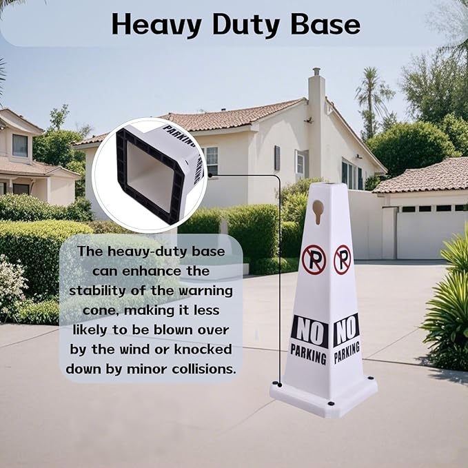 8-Pack 26.5" Caution Cones, 4-Sided Visible Safety Signs with Heavy Rubber Base, Warning for Slip & Fall Prevention, Indoor/Outdoor Use (White, 8Pcs-No Parking)