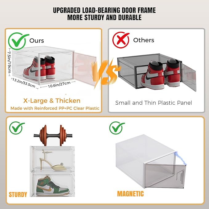 X-Large Stackable Shoe Boxes - Clear Plastic Shoe Storage Boxes with Magnetic Door, Thicken Shoe Organizer for Closet, Space Saving Foldable Shoe Containers Bins for Sneaker Boot - 8 Pack(White)