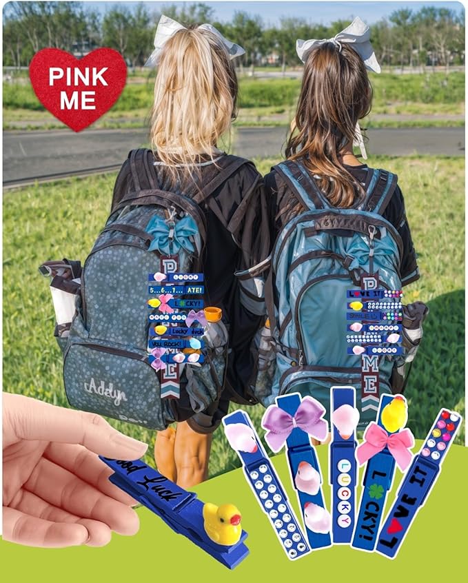 Cheer Pins for Backpack Cheer Stuff Kit 70 Blue Colored Clothes Pins with Mini Resin Ducks Bows Letter Beads Team Cheerleaders Gifts Bulk Pin Me Ribbon for Bag Decorations Competition Spirit Clips
