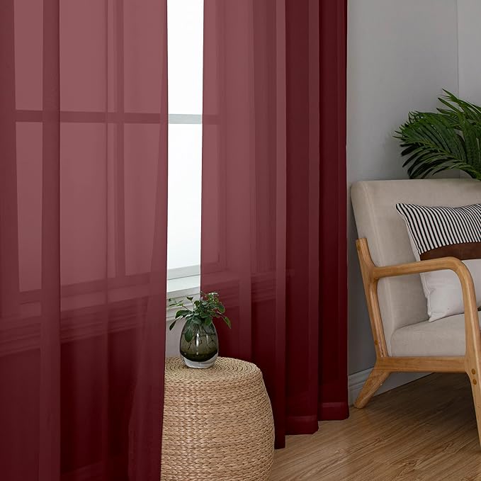 Chyhomenyc Burgundy Sheer Curtains 84 Inches Long 2 Panels Set, Light Filtering Voile Window Drapes for Bedroom Living Room, 42Wx84L Inch, Burgundy, 2PCS