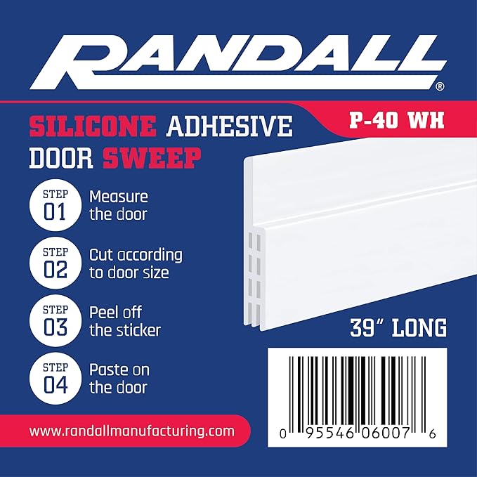 Adhesive Backed Door Draft Stopper – Silicone Under Door Sweep for Interior & Exterior Doors, Noise & Air Insulation, Self Stick Weather Stripping Door Seal, 2" W x 39" L (White) by Randall Mfg