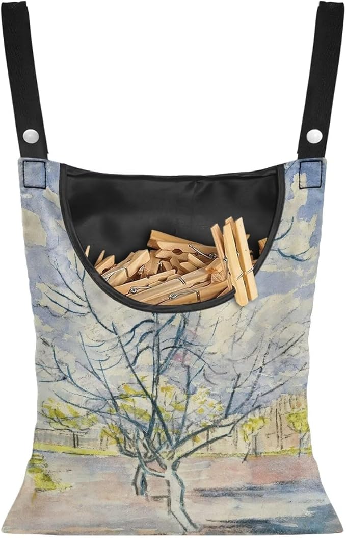Weather Resistant Clothespin Storage Bag - Outdoor Hanging Organizer with Windproof Features - Large Capacity 14.5x12 Inch Polyester Pouch for Clothes Pins Peach Tree in Bloom Print