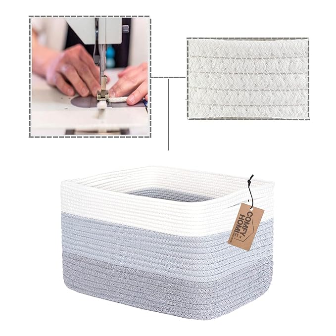 COMFY-HOMI 3PACK Cotton Rope Woven Basket With Handles for Shelves, Toy, Book, Cloth Storage Basket for Organizing|13.5" x 11" x 9.5" Decorative Nursery Cube Bin for Living Room（White / 3-Tone Grey）