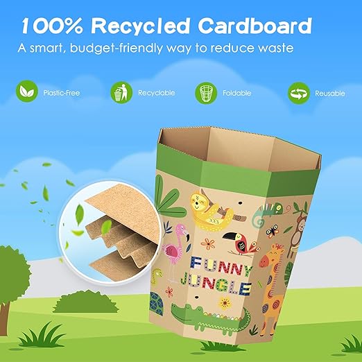 6-Pack Cardboard Trash Can – Foldable, Recyclable, Plastic-Free & Reusable Small Waste Paper Basket for Kids - Garbage Bin Perfect for Bedrooms, Playrooms, Children's Room & Outdoor (3.2 Gallon)