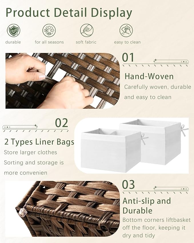Storage Basket with Lid Wicker Baskets for Storage with 2 Separate Lid 42.3 Gallon (160 L) 29.9 x 17.3 x 18.1 Inches Rattan Woven Large Wicker Basket with 2 Liners for Bedroom Laundry Brown
