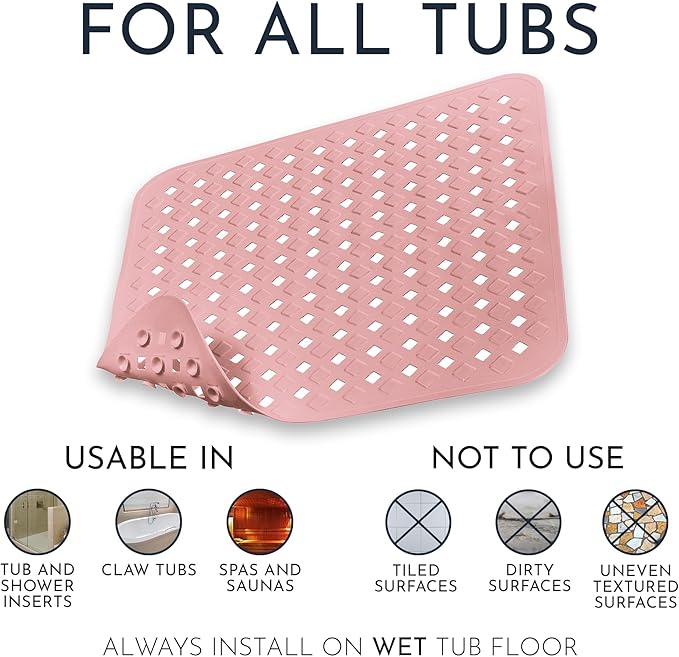 Homerella Anti Slip Shower Mat | Anti Mold Non Slip Bathtub Mat for Inside Shower | Square Floor Shower Mat 21 x 21 inch with Suction Cups for Grip & Hooks Hanging and Quick Drying | Machine Washable