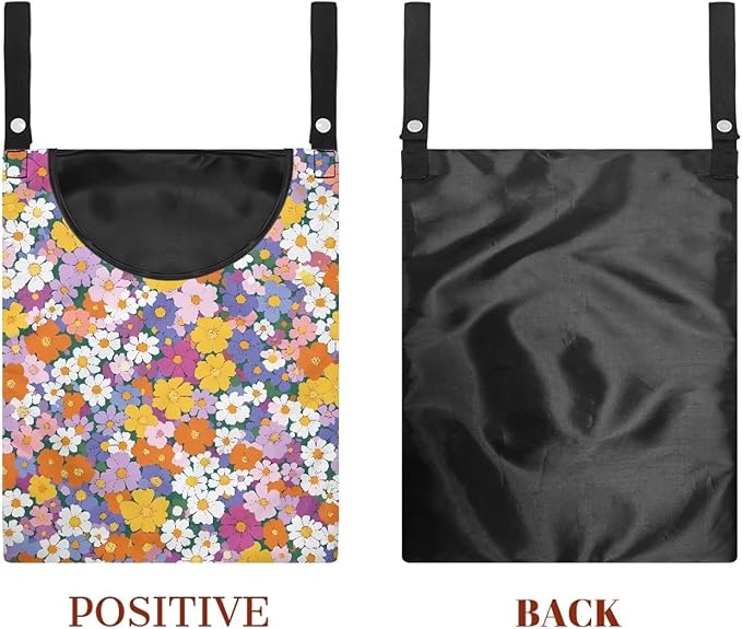 2 Pcs Pin Bag, Hippie Flower Print Hanging Bag with Large Opening Washable Clothes Pin Hanging Bag Easy to Use Storage Clothes Pins & Wooden Clothespins for Outdoor