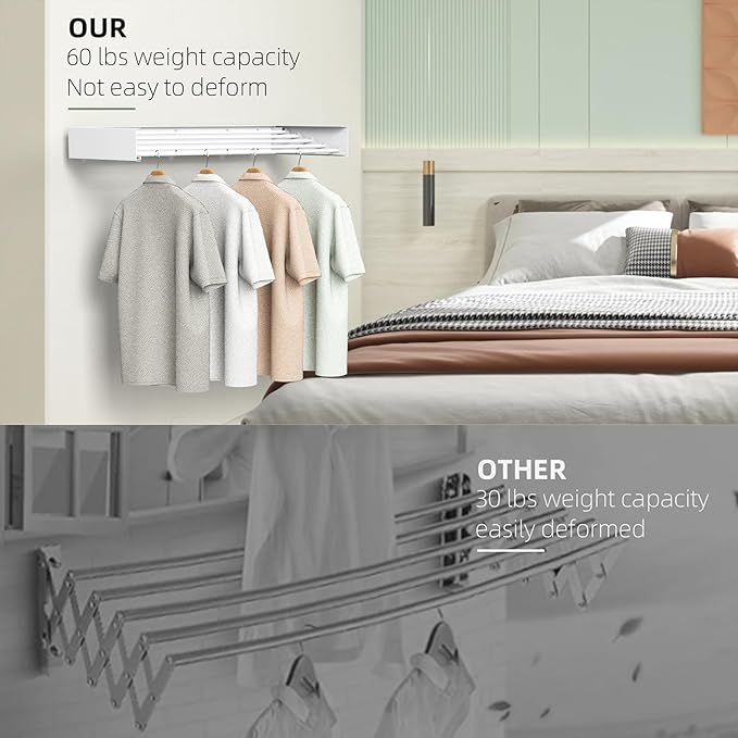 Laundry Drying Rack, Collapsible Wall Mounted Clothes Drying Rack - Foldable,Space Saving, 13.2 Linear Ft, 5 Aluminum Rods, 60 lb Capacity (White, 23.6")